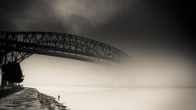 mystical bridge into the fog, bridge, bank, river, fisherman, fog, HD wallpaper