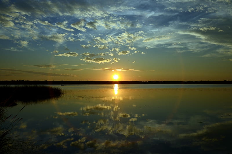 sunset over the lake, lakes, bonito, michigan, sunset, clouds, sky, HD wallpaper