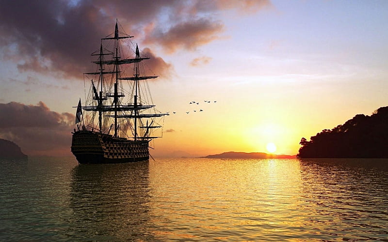 Tallship at Sunset, ships, sunset, tallship, reflection, HD wallpaper