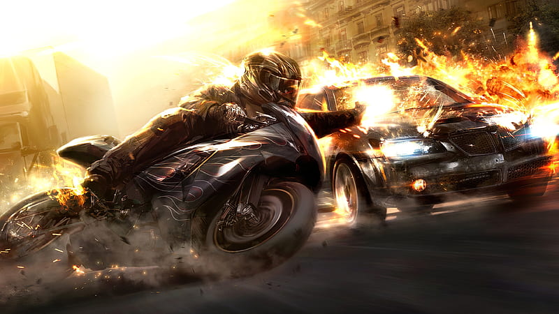 High Speed Motorbike Cop Car Chase, biker, artist, artwork, digital-art, HD wallpaper