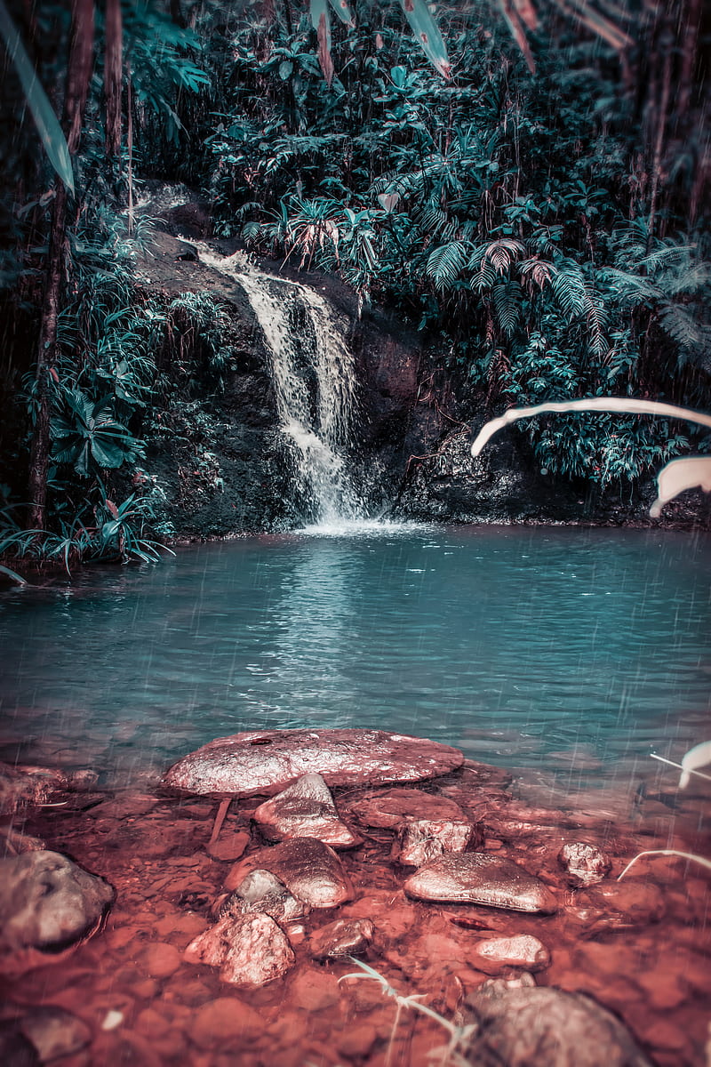 waterfall, stream, forest, jungle, tropical, spray, stones, HD phone wallpaper