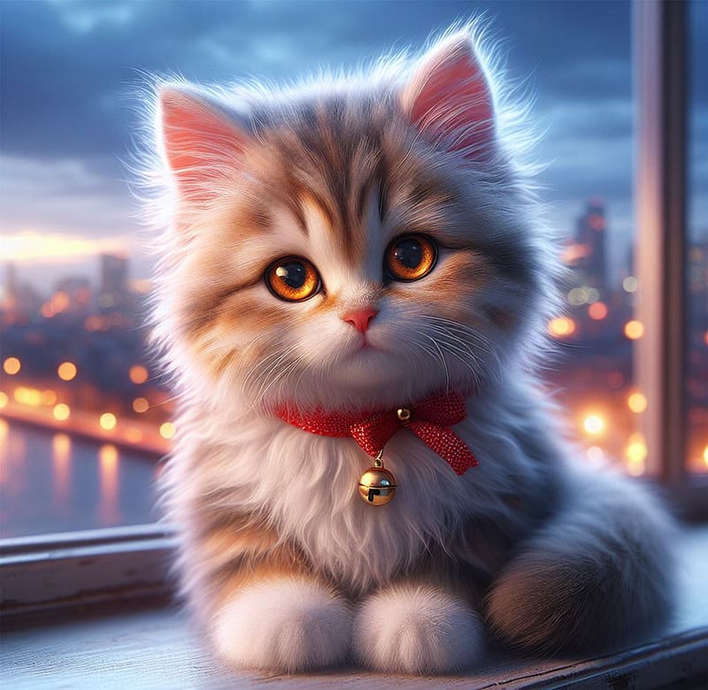 :), fantasy, kitten, window, red, cute, bell, bow, cat, neuroset, HD wallpaper