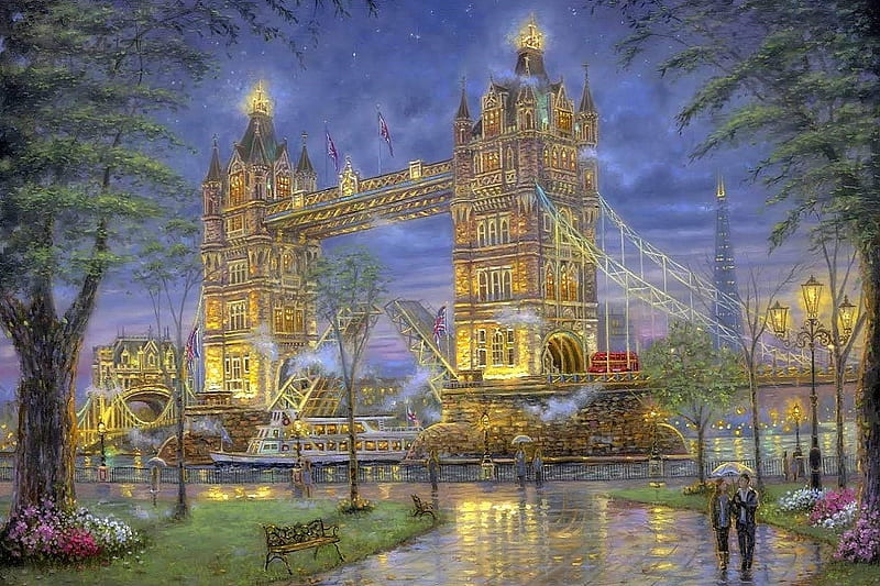 Tower Bridge, London, River Thames, London, bridges, love four seasons, places, attractions in dreams, spring, paintings, parks, flowers, cities, rivers, HD wallpaper