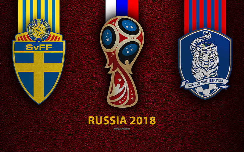 Sweden vs South Korea Group F, football, 18 June 2018, logos, 2018 FIFA World Cup, Russia 2018, burgundy leather texture, Russia 2018 logo, cup, Sweden, South Korea, national teams, football match, HD wallpaper