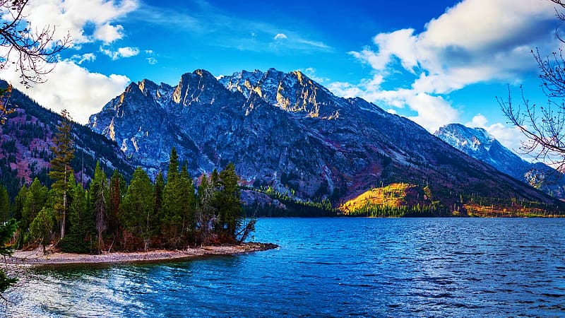 Jenny Lake, Grand Tetons, Wyoming, usa, clouds, trees, water, landscape, mountains, rocks, sky, HD wallpaper