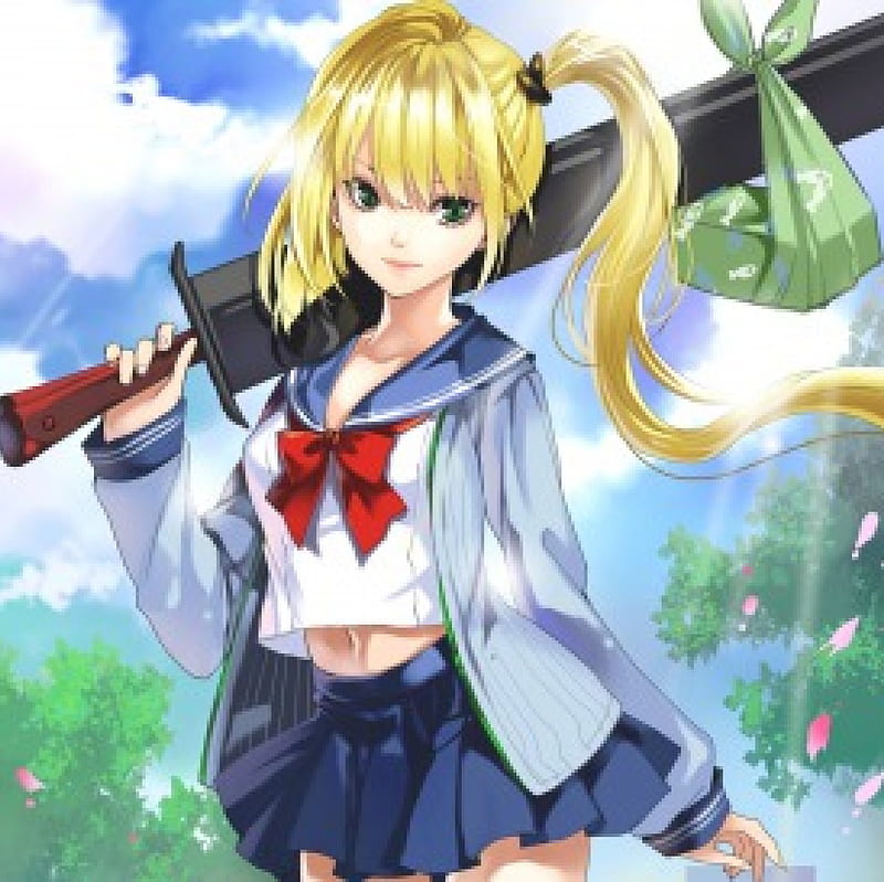 Big Sword, pretty, blond cg, box, bonito, sweet, nice, lunch, blade, anime, beauty, anime girl, weapon, long hair, sword, school uniform, female, cloud, lovely, food, ribbon, blonde, blouse, sky, sexy, blond hair, hold, girl, holding, lunch box, HD wallpaper