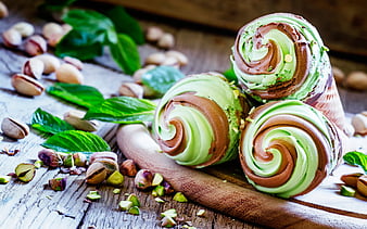 pistachio ice cream close-up, sweets, ice cream in straw, ice cream, pistachio, HD wallpaper