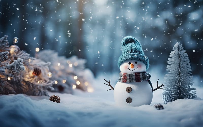 Happy Snowman, snow, snowman, winter, AI art, cones, knitting, spruce, HD wallpaper