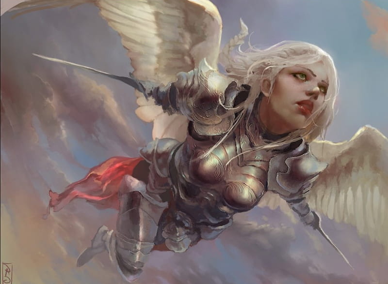 Angel, red, art, wings, sky, armor, fantasy, girl, feather, christian gonzalez, white, lucpinkey l, blue, HD wallpaper