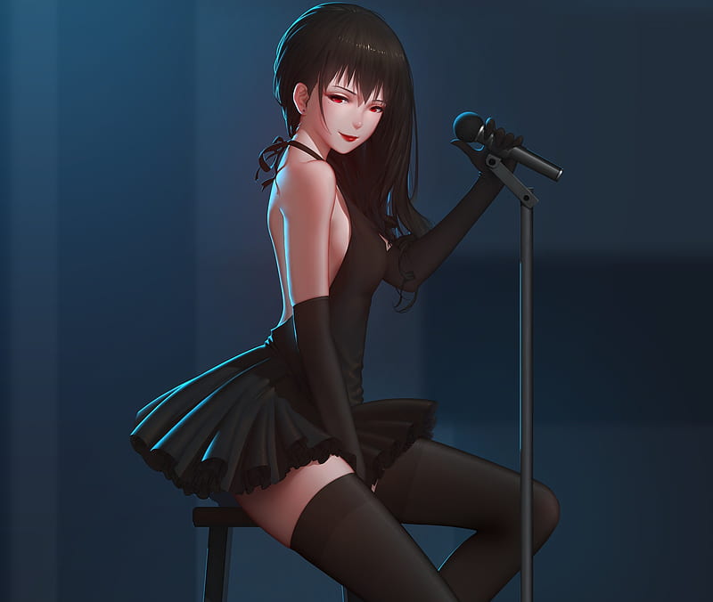 Download wallpaper 950x1534 cute, anime girl, black dress