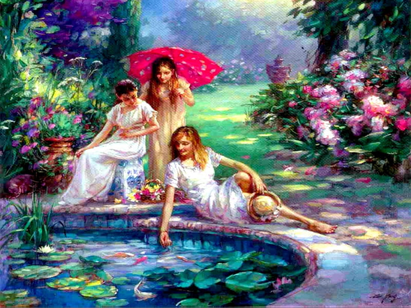 FRIENDS at KOI POND, pond, fish, painting, garden, cao yong, Koi, friends, HD wallpaper