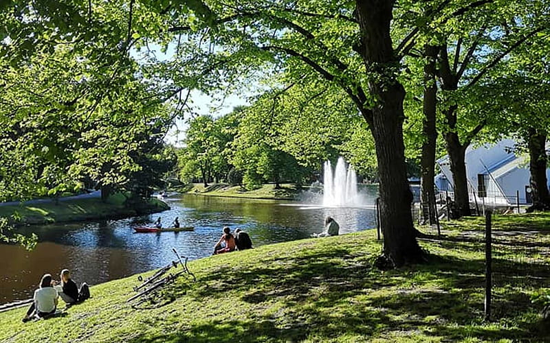 Park in Riga, Latvia, Riga, park, trees, fountain, water, Latvia, HD wallpaper