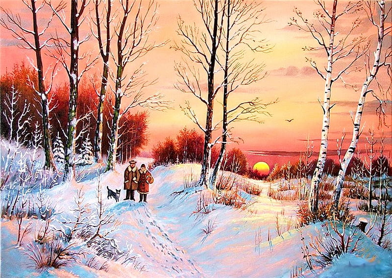 Winter Walk, snow, people, painting, sunset, reflection, trees, dog, HD wallpaper
