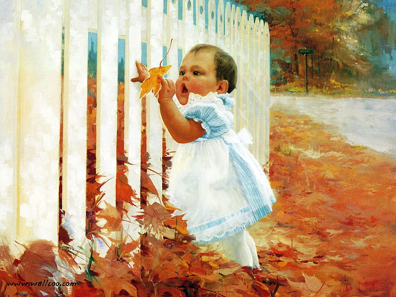 Firts autumn, by Donald Zolan, donald zolan, art, autumn, girl, painting, garden, HD wallpaper