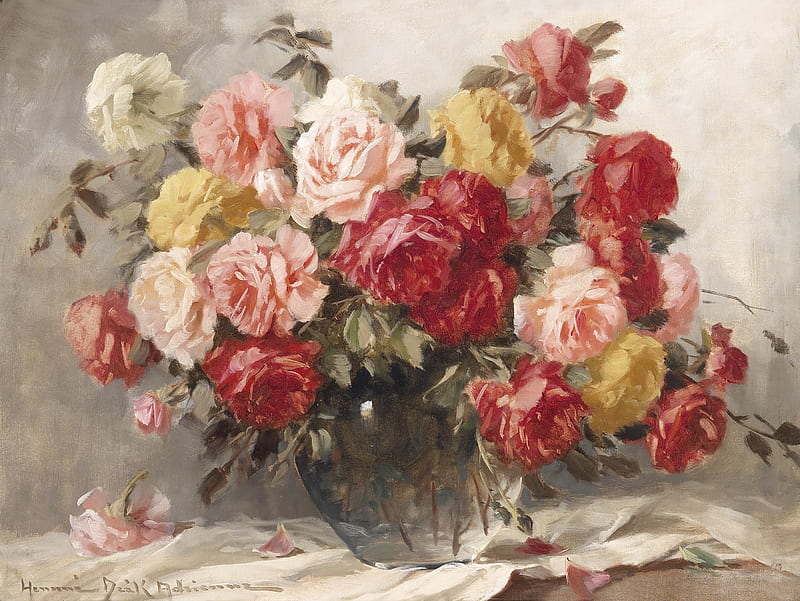 Roses, red, art, rose, adrienne deak, painting, flower, pictura, pink, vase, HD wallpaper