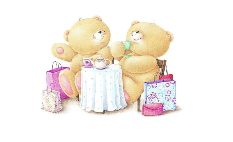 Have a lovely day!, cute, shopping, toy, white, teddy bear, pink, couple, card, HD wallpaper