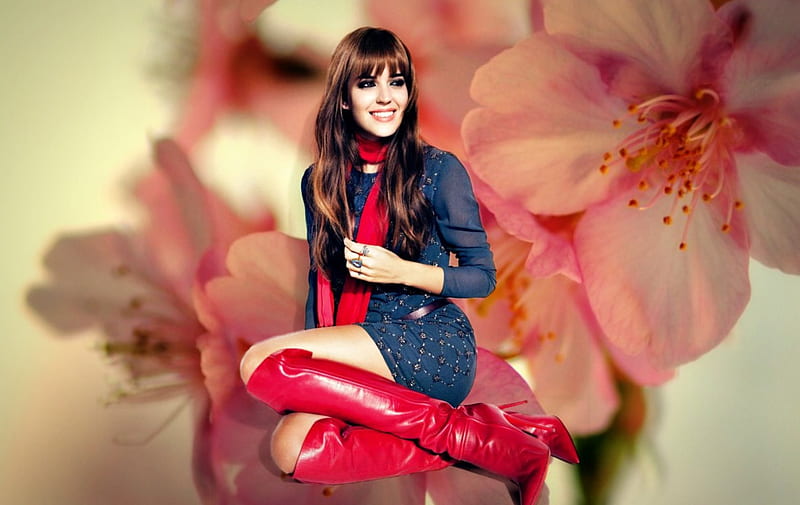 Clara Alonso, bloom, model, boots, by cehenot, spring, woman, cherry blossom, girl, flower, pink, blue, HD wallpaper
