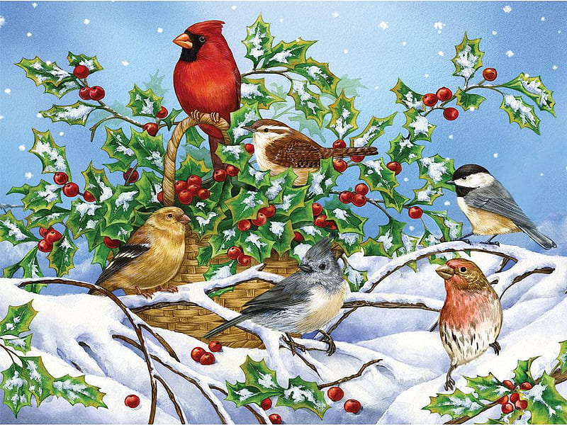 Winter Birds, goldfinch, chickadee, snow, cardinals, berries, painting, HD wallpaper