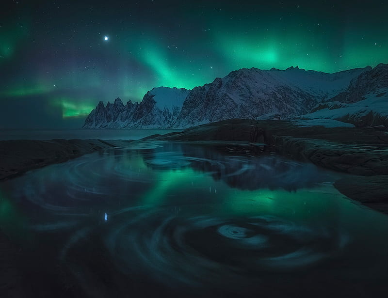 Earth, Aurora Borealis, Light, Mountain, Night, Reflection, HD wallpaper