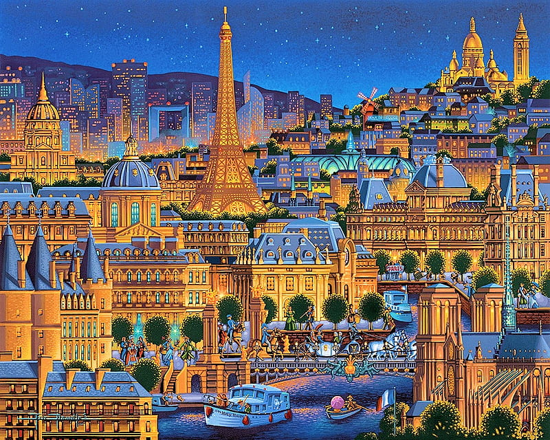 Paris, City of Lights, buildings, church, horse, coach, artwork, bridge, eiffel tower, people, painting, HD wallpaper