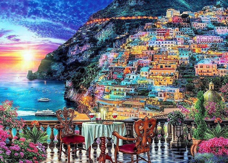 Dinner in Positano, table, mediterranean, sun, houses, sunset, clouds, sky, sea, artwork, village, chairs, painting, italy, HD wallpaper