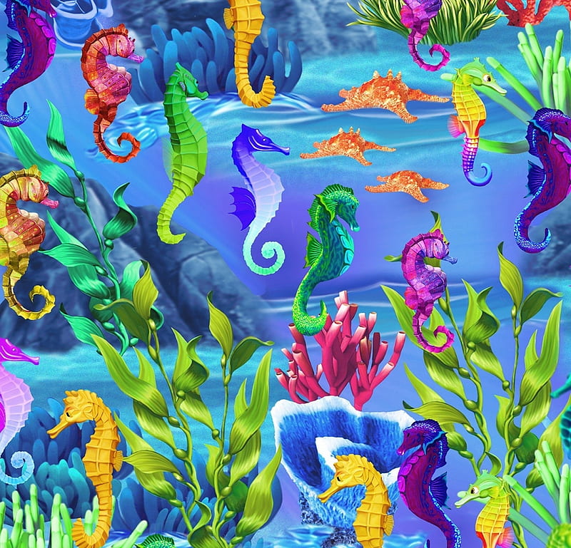 Seahorses, colorful, pattern, michael searle, sea, vara, water, seahorse, texture, summer, paper, pink, blue, HD wallpaper