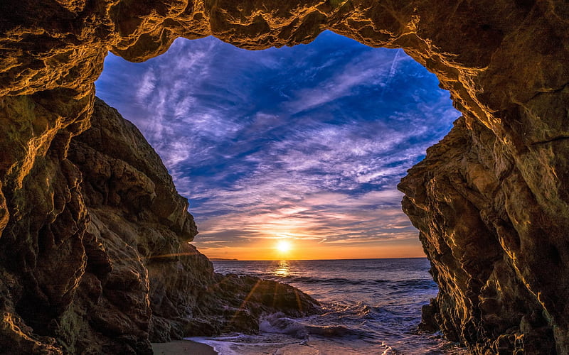 Malibu, beach, arch, sea, rocks, sun bright, America, USA, HD wallpaper
