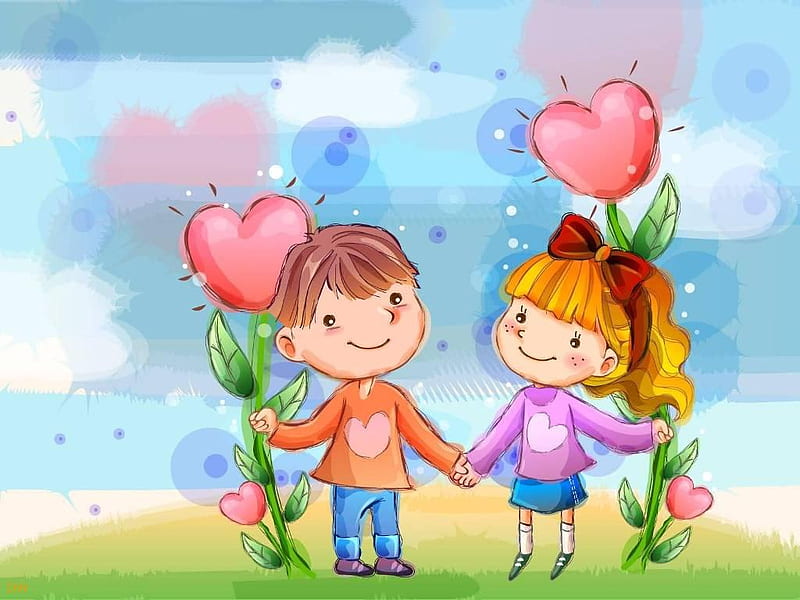 Valentine, cloud, grass, children, sweet, friendship, love, heart, couple, HD wallpaper