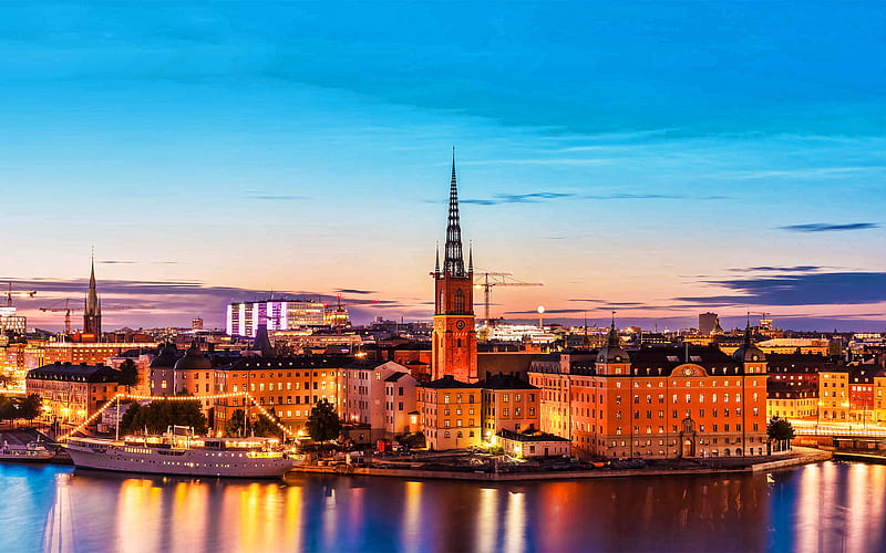 Stockholm, evening, sunset, Stockholm cityscape, Stockholm panorama, Sweden, Scandinavia, HD wallpaper