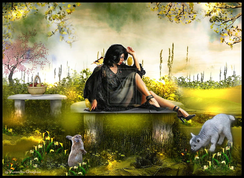 ★Felt in the Spring★, pretty, wonderful, adorable, women, sweet, fantasy, grasses, manipulation, love, emotional, lamb, flowers, season, face, printemps, lovely, models, abstract, lips, trees, softness, cool, fond, hop, eyes, colorful, dress, bonito, digital art, hair, emo, leaves, blossom, gentle, people, girls, friuts, blooms, animals, amazing, female, rabbit, feeling, colors, spring, butterflies, felt, basket, magical, tender touch, HD wallpaper