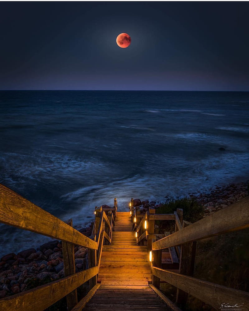 Lunar eclipse, moon, ocean, night, stairs, beach, HD phone wallpaper