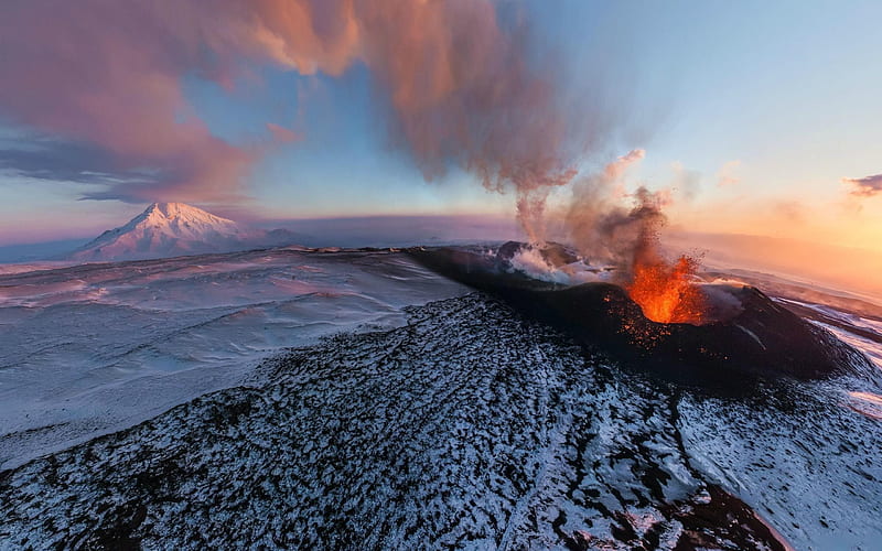 volcanic eruption, winter, mountains, volcano, lava, HD wallpaper