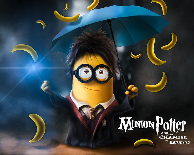 Minions (2015), poster, movie, umbrella, yellow, minions, fantasy, funny, banana, blue, HD wallpaper