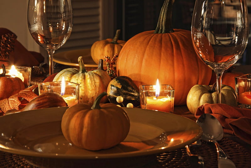 AN AUTUMN TABLE, dinner, fall season, holidays, lovely, romantic, romance, plates, thanksgiving, candles, still life, candle light, pumpkins, HD wallpaper