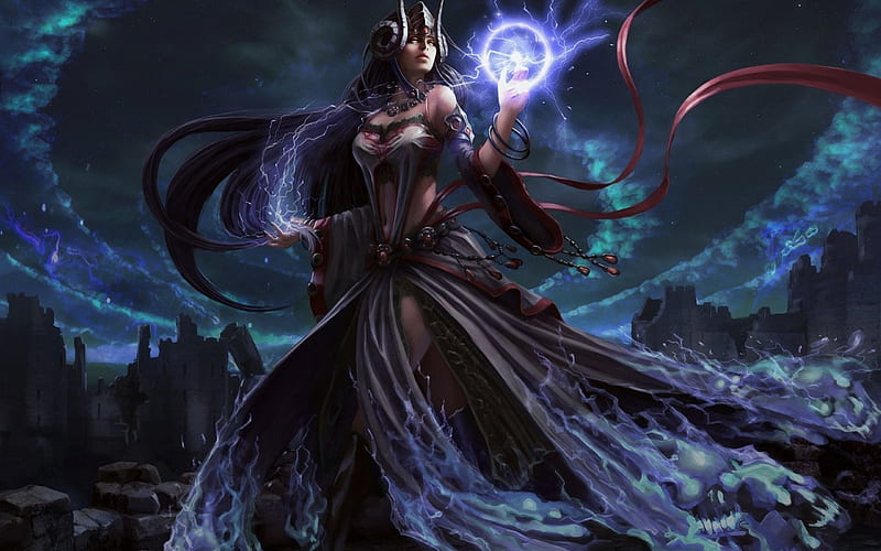 Sorceress, game, woman, lord of the dragons, fantasy, girl, dark, blue, night, HD wallpaper