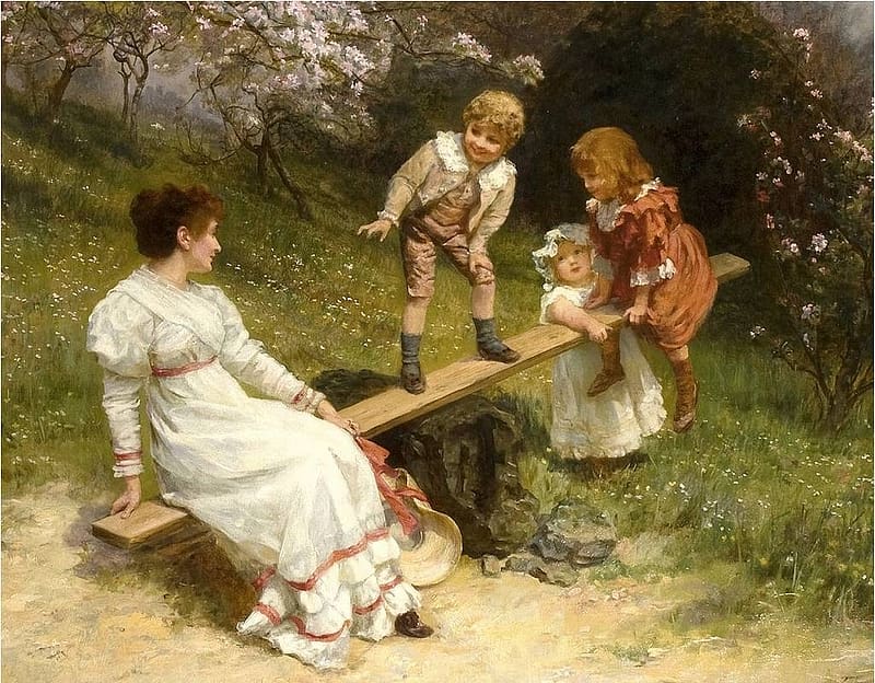 :), art, pictura, mother, rural life, swing, spring, woman, children, people, painting, HD wallpaper