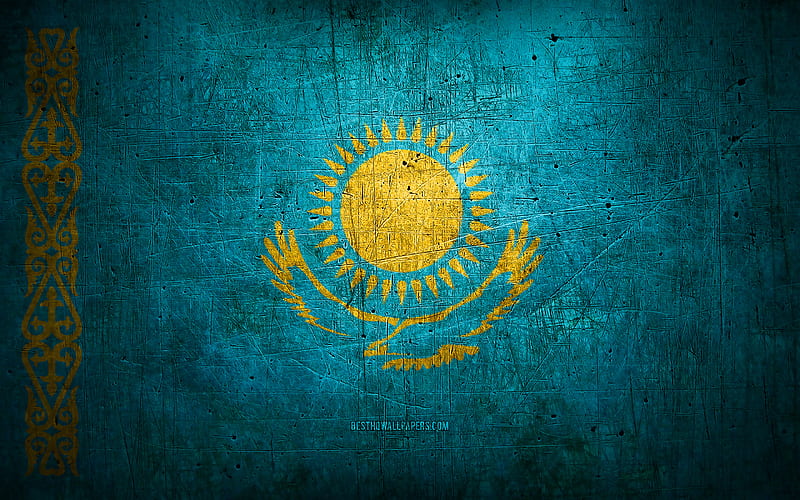Kazakh metal flag, grunge art, asian countries, Day of Kazakhstan, national symbols, Kazakhstan flag, metal flags, Flag of Kazakhstan, Asia, Kazakh flag, Kazakhstan, HD wallpaper