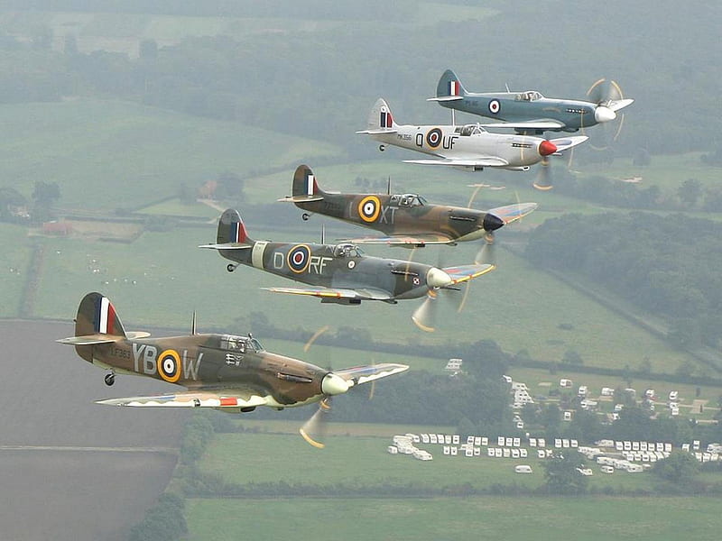 British Fighter Formation, raf, hawker hurricane, ww2, fighter, british fighters, supermarine spitfire, bbmf, HD wallpaper