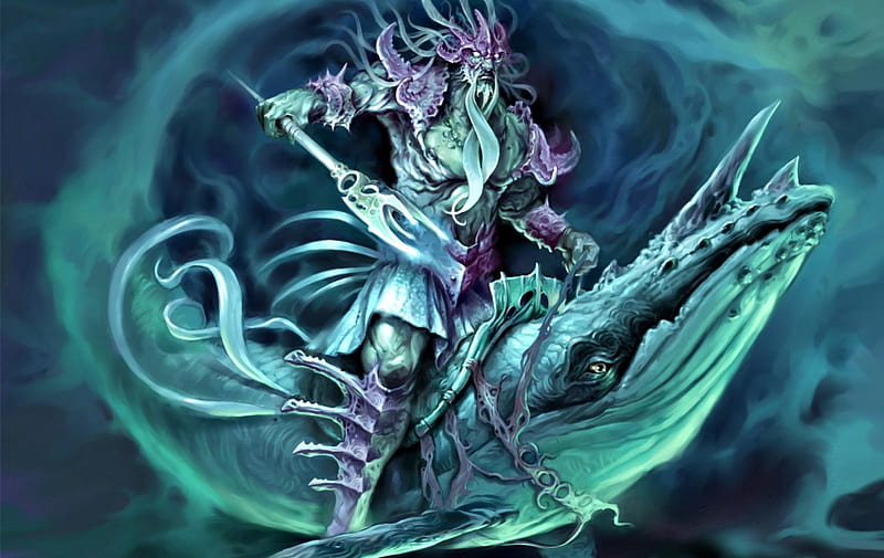 Poseidon, fish, game, man, sea, fantasy, water, purple, whale, pink, blue, HD wallpaper