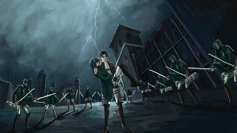 Attack On Titan Levi Ackerman Liftng A Girl Around Villains Having Swords During Rainy Night With Background Of Lightning Anime, HD wallpaper