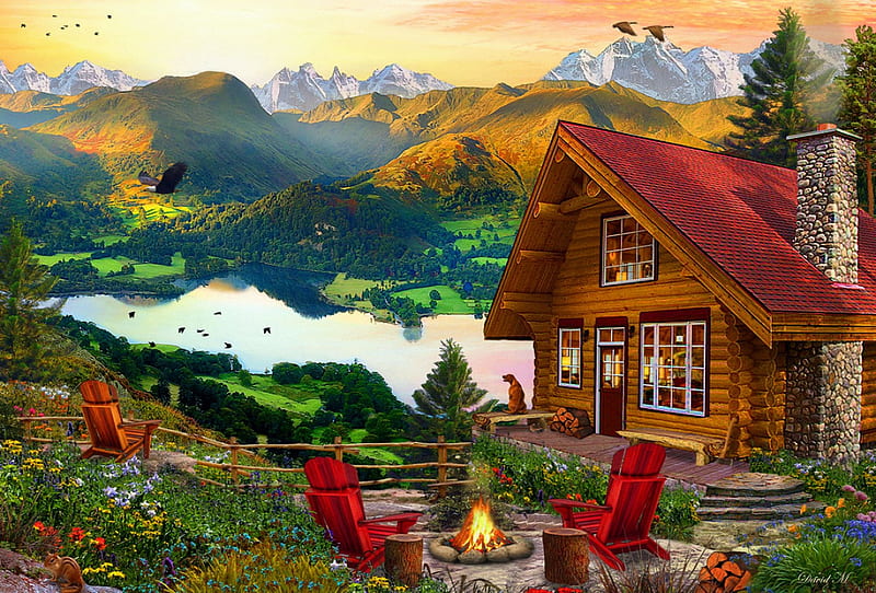 Mountain Retreat, flowers, birds, campfire, cabin, lake, dog, armchairs, artwork, mountains, digital, HD wallpaper