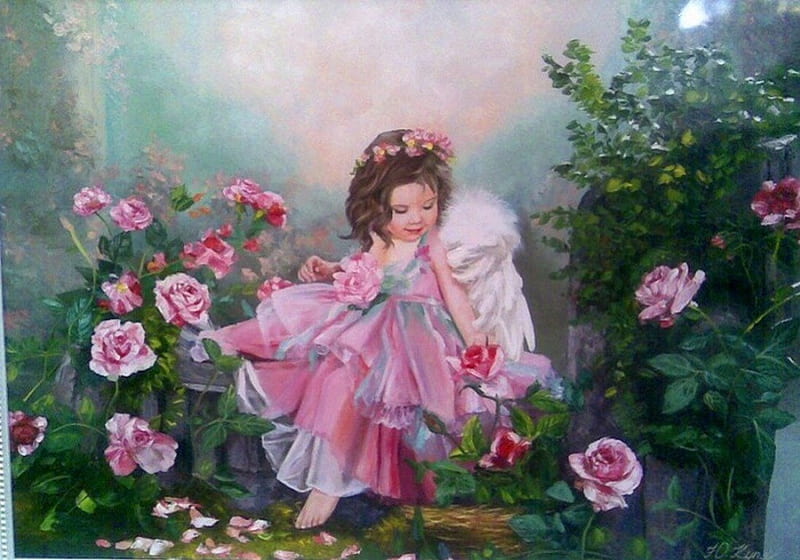 Angeline flowers. Девочка с розами в саду. Девочка ангел с цветами. Ангел в саду с цветами. Ангел с цветами живопись.