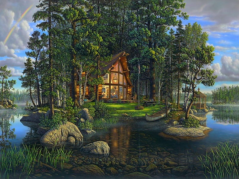 Wilderness cottage, lovely, cottage, poesie, bonito, lake, boat, splendor, wild, peaceful, nature, HD wallpaper