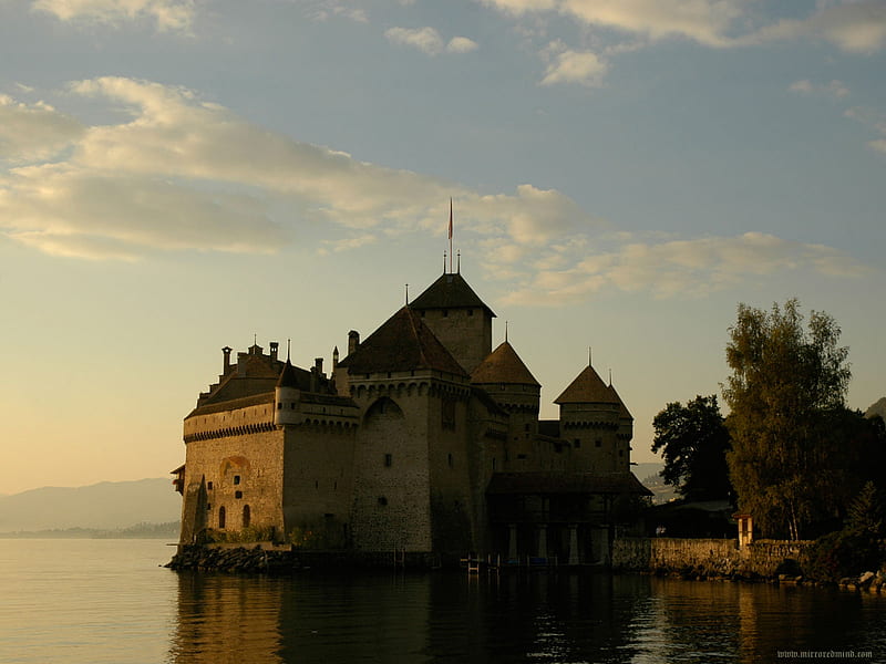 Chillon Castle, roof, water, walls, at night, reflection, clouds, castle, sky, HD wallpaper