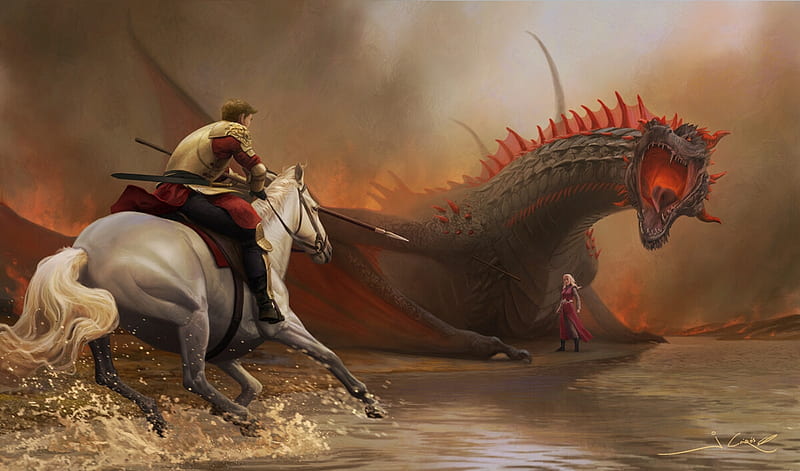 Jaime attacks, man, dragon, mother of dragon, joshua cairos, jaime, art, luminos, game of thrones, horse, fantasy, girl, daenerys targaryen, HD wallpaper