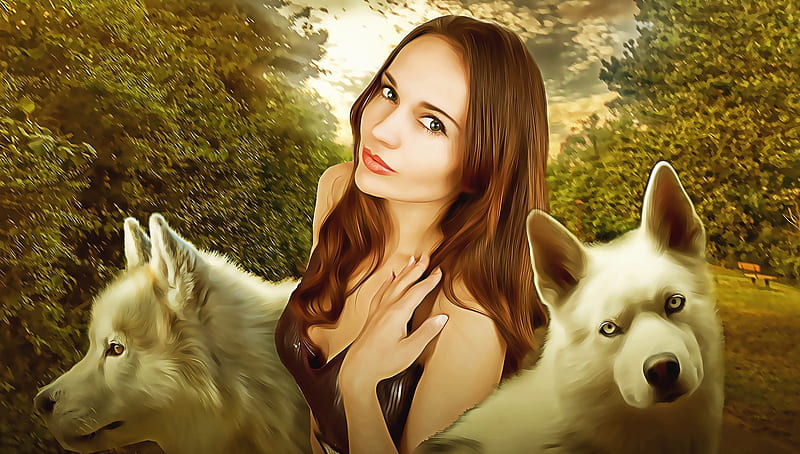 Young Beauty with Huskies, fantasy, dress, beauty, park, portrait, woman, dog, HD wallpaper