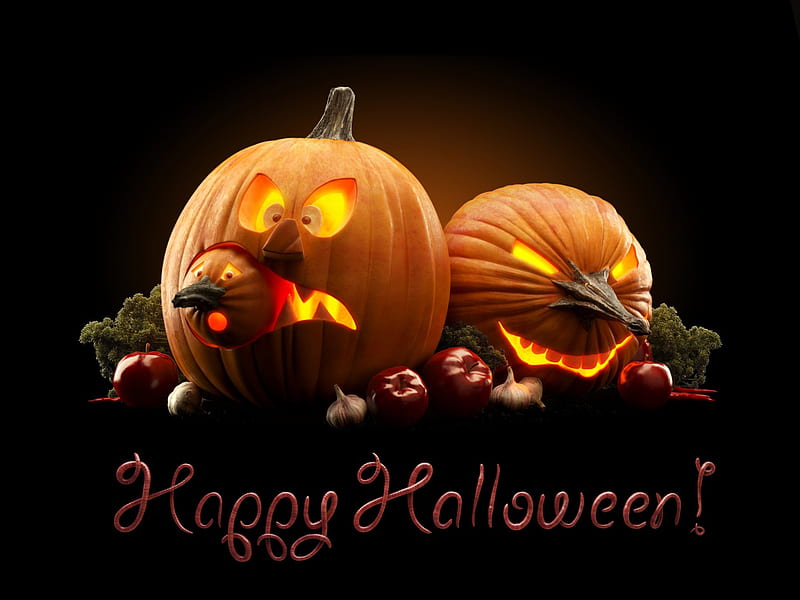 Happy Halloween, fruit, onions, parsley, jack o lanterns, apples, Halloween, pumpkins, HD wallpaper