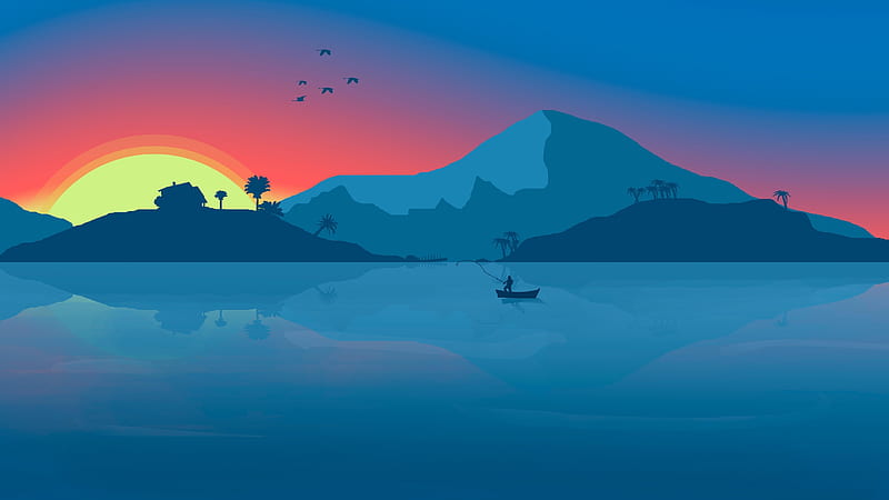 Sunset, silhouette, blue, sea, vector, orange, yellow, lake, mountain, vara, water, boat, summer, HD wallpaper