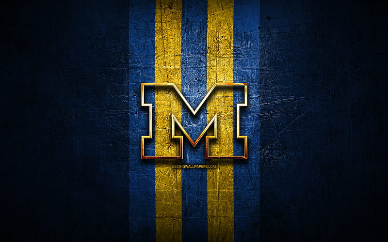 Michigan Wolverines, golden logo, NCAA, blue metal background, american football club, Michigan Wolverines logo, american football, USA, HD wallpaper