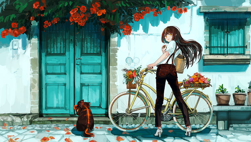 girl, bike, flowers, anime, art, HD wallpaper